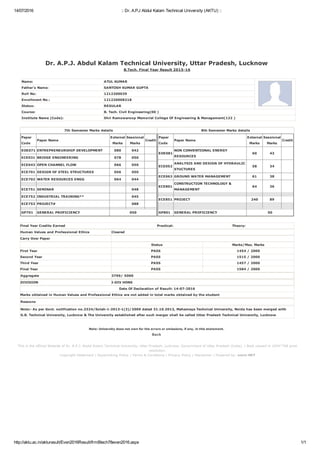 14/07/2016 :: Dr. A.P.J Abdul Kalam Technical University (AKTU) ::
http://aktu.ac.in/akturesult/Even2016Result/frmBtech78even2016.aspx 1/1
Dr. A.P.J. Abdul Kalam Technical University, Uttar Pradesh, Lucknow 
B.Tech. Final Year Result 2015­16
Name: ATUL KUMAR
Father's Name: SANTOSH KUMAR GUPTA
Roll No: 1212200039
Enrollment No.: 121220008218
Status: REGULAR
Course: B. Tech. Civil Engineering(00 )
Institute Name (Code): Shri Ramswaroop Memorial College Of Engineering & Management(122 )
7th Semester Marks details
Paper
Code
Paper Name
External
Marks
Sessional
Marks
Credit
EOE071 ENTREPRENEURSHIP DEVELOPMENT 080 042
ECE031 BRIDGE ENGINEERING 078 050
ECE043 OPEN CHANNEL FLOW 066 050
ECE701 DESIGN OF STEEL STRUCTURES 056 050
ECE702 WATER RESOURCES ENGG 064 044
ECE751 SEMINAR 048
ECE752 INDUSTRIAL TRAINING** 045
ECE753 PROJECT# 088
GP701 GENERAL PROFICIENCY 050
8th Semester Marks details
Paper
Code
Paper Name
External
Marks
Sessional
Marks
Credit
EOE081
NON CONVENTIONAL ENERGY
RESOURCES
60 43
ECE052
ANALYSIS AND DESIGN OF HYDRAULIC
STUCTURES
58 34
ECE063 GROUND WATER MANAGEMENT 61 38
ECE801
CONSTRUCTION TECHNOLOGY &
MANAGEMENT
64 36
ECE851 PROJECT 240 89
GP801 GENERAL PROFICIENCY 50
Final Year Credits Earned Practical: Theory:
Human Values and Professional Ethics Cleared
Carry Over Paper
Status Marks/Max. Marks
First Year PASS   1454 / 2000
Second Year PASS   1515 / 2000
Third Year PASS   1457 / 2000
Final Year PASS   1584 / 2000
Aggregate 3799/ 5000
DIVISION I­DIV HONS
Date Of Declaration of Result: 14­07­2016
Marks obtained in Human Values and Professional Ethics are not added in total marks obtained by the student
Reasons
Note:­ As per Govt. notification no.3324/Solah­1­2013­1(3)/2009 dated 31.10.2013, Mahamaya Technical University, Noida has been merged with
G.B. Technical University, Lucknow & The University established after such merger shall be called Uttar Pradesh Technical University, Lucknow
Note: University does not own for the errors or omissions, if any, in this statement. 
Back 
This is the official Website of Dr. A.P.J. Abdul Kalam Technical University, Uttar Pradesh, Lucknow, Government of Uttar Pradesh (India). | Best viewed in 1024*768 pixel
resolution.
Copyright Statement | Hyperlinking Policy | Terms & Conditions | Privacy Policy | Disclaimer | Powered by: omni­NET
 