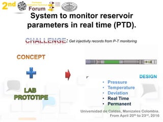 System to monitor reservoir
parameters in real time (PTD).
• Pressure
• Temperature
• Deviation
• Real Time
• Permanent
: Get injectivity records from P-T monitoring
 
