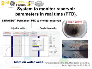 System to monitor reservoir
parameters in real time (PTD).
Tests on water wells.
STRATEGY: Permanent PTD to monitor reservoir
Injector wells Production wells
 