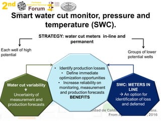 Smart water cut monitor, pressure and
temperature (SWC).
STRATEGY: water cut meters in-line and
permanent
Each well of high
potential
Groups of lower
potential wells
 