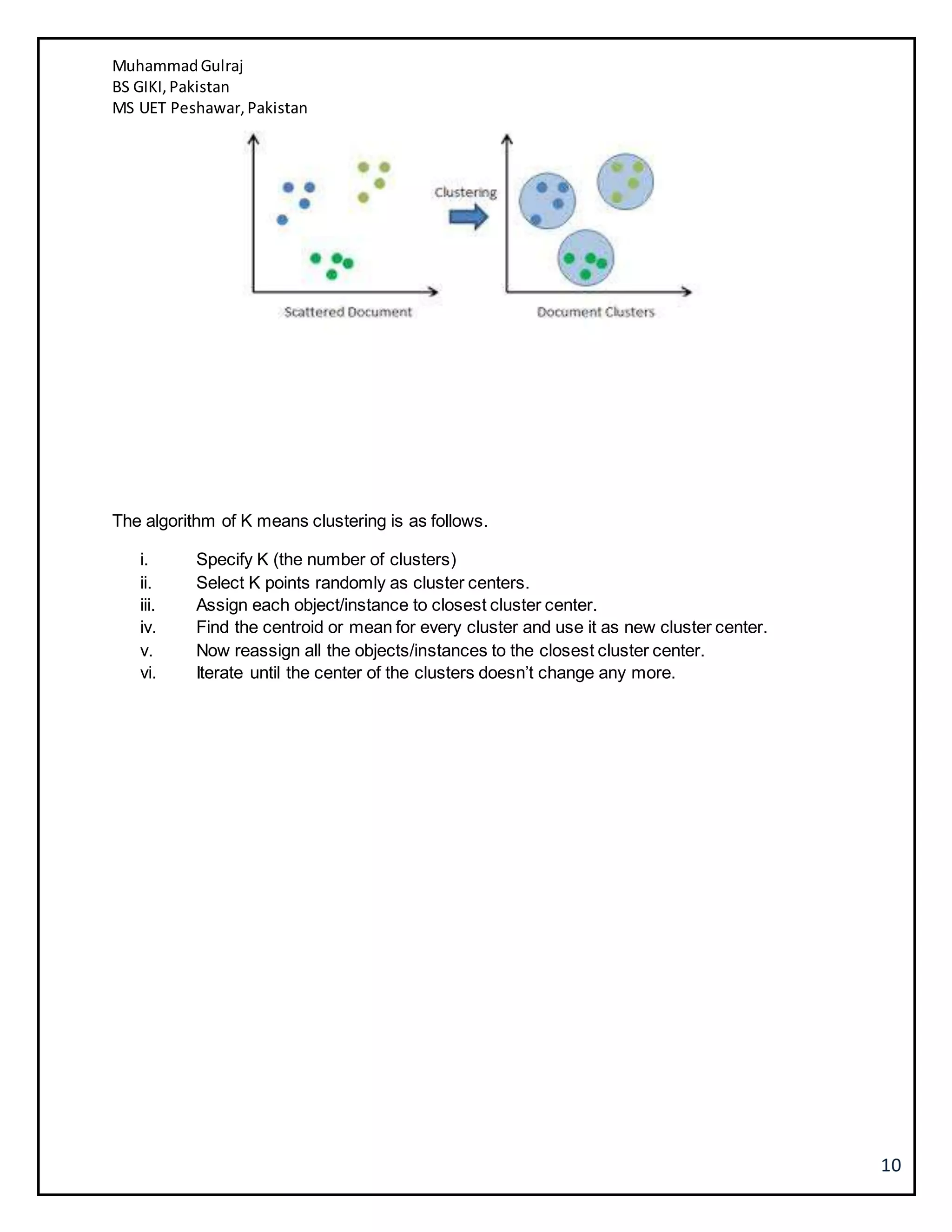 MuhammadGulraj
BS GIKI,Pakistan
MS UET Peshawar,Pakistan
10
The algorithm of K means clustering is as follows.
i. Specify K (the number of clusters)
ii. Select K points randomly as cluster centers.
iii. Assign each object/instance to closest cluster center.
iv. Find the centroid or mean for every cluster and use it as new cluster center.
v. Now reassign all the objects/instances to the closest cluster center.
vi. Iterate until the center of the clusters doesn’t change any more.
 