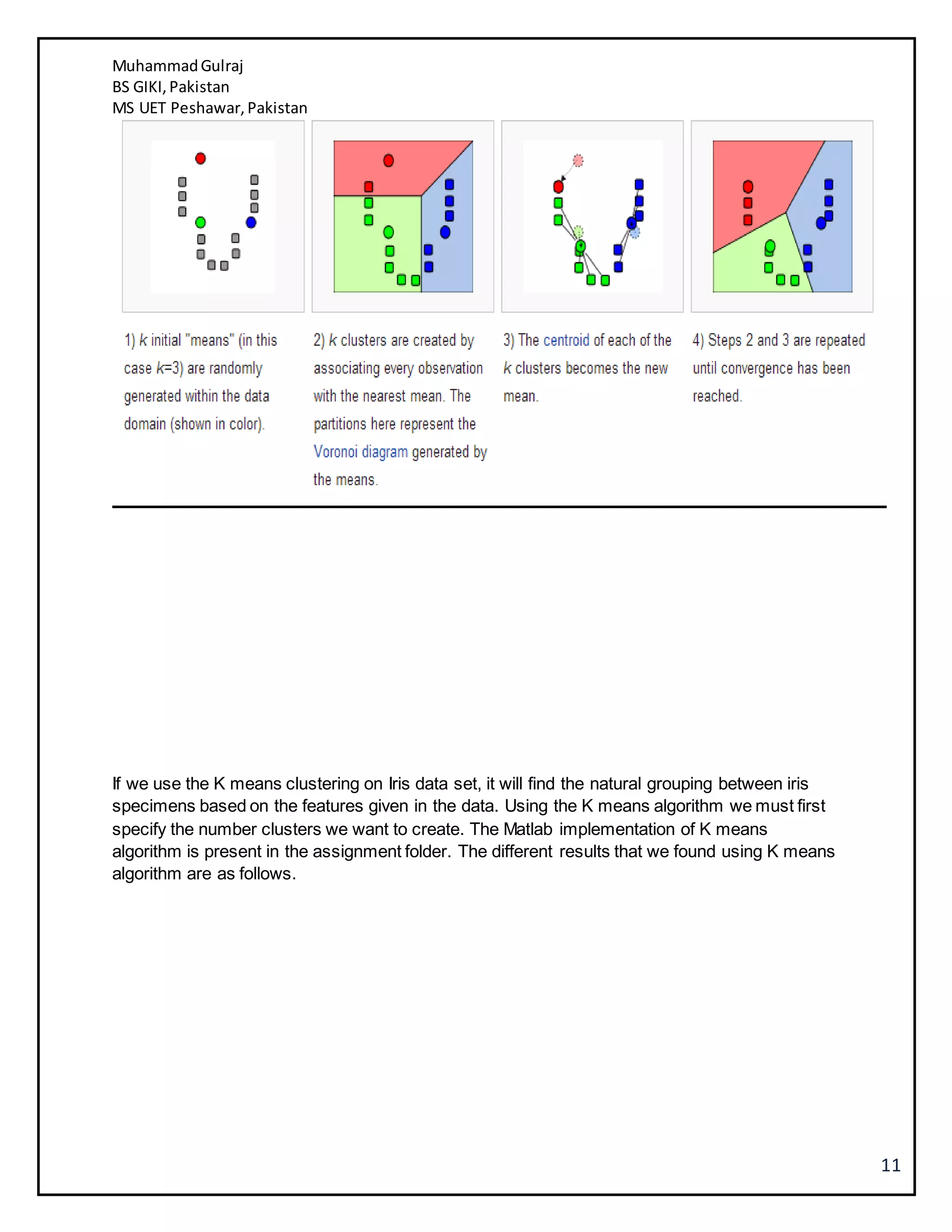 MuhammadGulraj
BS GIKI,Pakistan
MS UET Peshawar,Pakistan
11
If we use the K means clustering on Iris data set, it will find the natural grouping between iris
specimens based on the features given in the data. Using the K means algorithm we must first
specify the number clusters we want to create. The Matlab implementation of K means
algorithm is present in the assignment folder. The different results that we found using K means
algorithm are as follows.
 