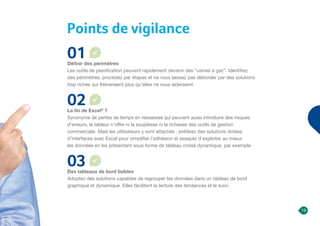 Points de vigilance
01
Définir des périmètres
Les outils de planification peuvent rapidement devenir des “usines à gaz”. Identifiez
des périmètres, procédez par étapes et ne vous laissez pas déborder par des solutions
trop riches qui freineraient plus qu’elles ne vous aideraient.
02
La fin de Excel®
?
Synonyme de pertes de temps en ressaisies qui peuvent aussi introduire des risques
d’erreurs, le tableur n’offre ni la souplesse ni la richesse des outils de gestion
commerciale. Mais les utilisateurs y sont attachés : préférez des solutions dotées
d’interfaces avec Excel pour simplifier l’adhésion et essayez d’exploiter au mieux
les données en les présentant sous forme de tableau croisé dynamique, par exemple.
03
Des tableaux de bord lisibles
Adoptez des solutions capables de regrouper les données dans un tableau de bord
graphique et dynamique. Elles facilitent la lecture des tendances et le suivi.
19
 