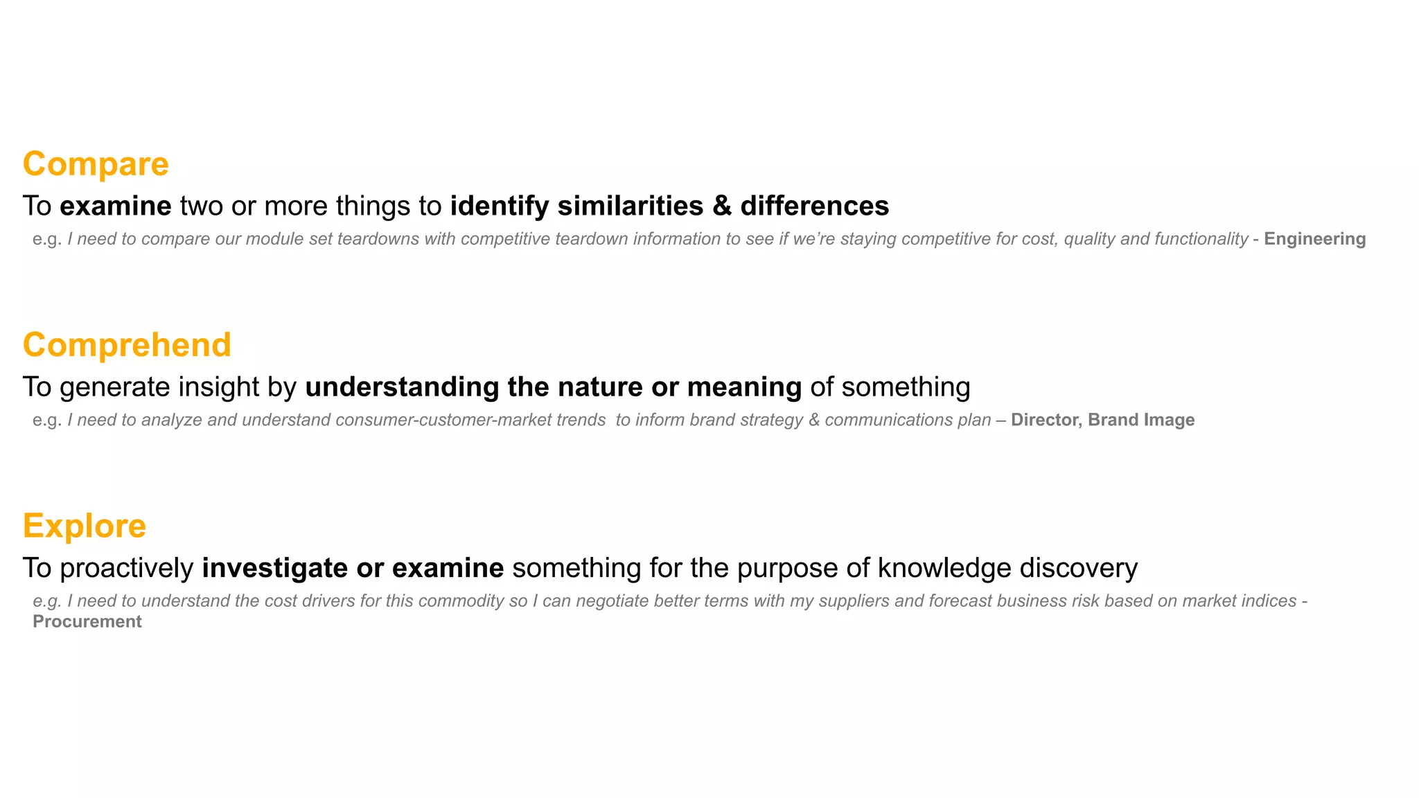 Compare
To examine two or more things to identify similarities & differences
e.g. I need to compare our module set teardowns with competitive teardown information to see if we’re staying competitive for cost, quality and functionality - Engineering
Comprehend
To generate insight by understanding the nature or meaning of something
e.g. I need to analyze and understand consumer-customer-market trends to inform brand strategy & communications plan – Director, Brand Image
Explore
To proactively investigate or examine something for the purpose of knowledge discovery
e.g. I need to understand the cost drivers for this commodity so I can negotiate better terms with my suppliers and forecast business risk based on market indices -
Procurement
 