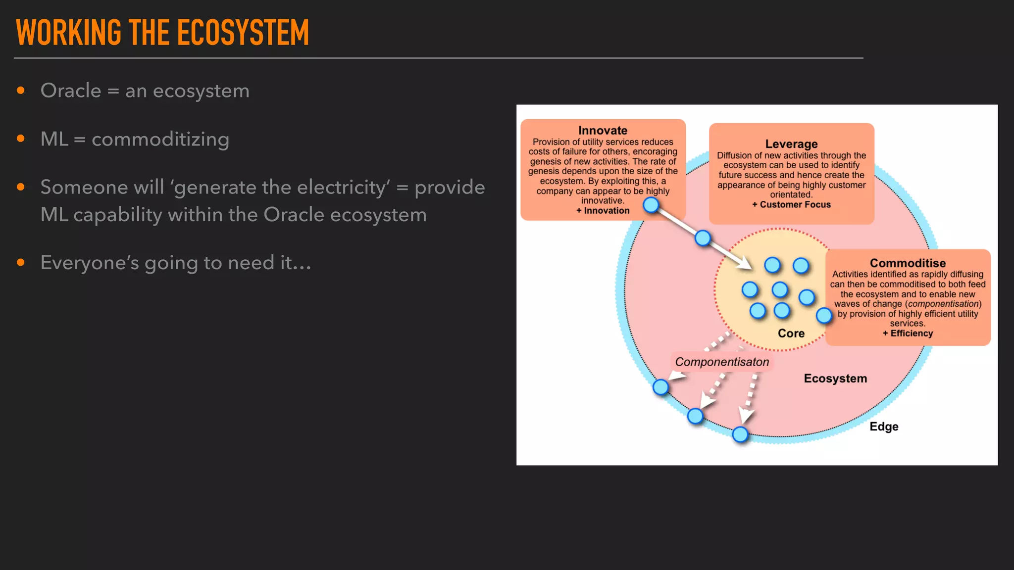 WORKING THE ECOSYSTEM
• Oracle = an ecosystem
• ML = commoditizing
• Someone will ‘generate the electricity’ = provide
ML capability within the Oracle ecosystem
• Everyone’s going to need it…
 