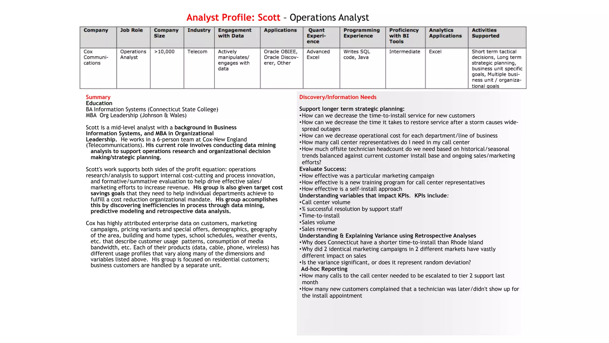 Discovery/Information Needs
Support longer term strategic planning:
•How can we decrease the time-to-install service for new customers
•How can we decrease the time it takes to restore service after a storm causes wide-
spread outages
•How can we decrease operational cost for each department/line of business
•How many call center representatives do I need in my call center
•How much offsite technician headcount do we need based on historical/seasonal
trends balanced against current customer install base and ongoing sales/marketing
efforts? 
Evaluate Success:
•How effective was a particular marketing campaign
•How effective is a new training program for call center representatives
•How effective is a self-install approach
Understanding variables that impact KPIs.  KPIs include:
•Call center volume
•% successful resolution by support staff
•Time-to-install
•Sales volume
•Sales revenue 
Understanding & Explaining Variance using Retrospective Analyses
•Why does Connecticut have a shorter time-to-install than Rhode Island
•Why did 2 identical marketing campaigns in 2 different markets have vastly
different impact on sales
•Is the variance significant, or does it represent random deviation?
 Ad-hoc Reporting
•How many calls to the call center needed to be escalated to tier 2 support last
month
•How many new customers complained that a technician was later/didn't show up for
the install appointment
Analyst Profile: Scott – Operations Analyst
Summary
Education
BA Information Systems (Connecticut State College)
MBA  Org Leadership (Johnson & Wales)
Scott is a mid-level analyst with a background in Business
Information Systems, and MBA in Organizational
Leadership.  He works in a 6-person team at Cox-New England
(Telecommunications). His current role involves conducting data mining
analysis to support operations research and organizational decision
making/strategic planning.
Scott's work supports both sides of the profit equation: operations
research/analysis to support internal cost-cutting and process innovation,
and formative/summative evaluation to help drive effective sales/
marketing efforts to increase revenue.  His group is also given target cost
savings goals that they need to help individual departments achieve to
fulfill a cost reduction organizational mandate.  His group accomplishes
this by discovering inefficiencies in process through data mining,
predictive modeling and retrospective data analysis.
Cox has highly attributed enterprise data on customers, marketing
campaigns, pricing variants and special offers, demographics, geography
of the area, building and home types, school schedules, weather events,
etc. that describe customer usage patterns, consumption of media
bandwidth, etc. Each of their products (data, cable, phone, wireless) has
different usage profiles that vary along many of the dimensions and
variables listed above. His group is focused on residential customers;
business customers are handled by a separate unit.
 
 
 