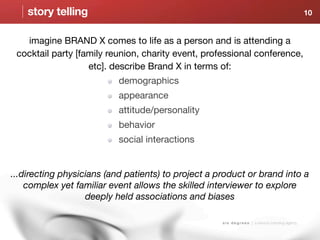 story telling                                                                                      10


   imagine BRAND X comes to life as a person and is attending a
 cocktail party [family reunion, charity event, professional conference,
                   etc]. describe Brand X in terms of:
                           demographics
                           appearance
                           attitude/personality
                           behavior
                           social interactions


...directing physicians (and patients) to project a product or brand into a
    complex yet familiar event allows the skilled interviewer to explore
                   deeply held associations and biases

                                                     s i x d e g r e e s | a sensory branding agency
 
