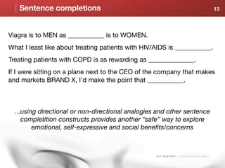 Sentence completions                                                                              13




Viagra is to MEN as ___________ is to WOMEN.
What I least like about treating patients with HIV/AIDS is ___________.
Treating patients with COPD is as rewarding as ______________.
If I were sitting on a plane next to the CEO of the company that makes
and markets BRAND X, I’d make the point that ___________.



  ...using directional or non-directional analogies and other sentence
     completition constructs provides another “safe” way to explore
         emotional, self-expressive and social beneﬁts/concerns



                                                   s i x d e g r e e s | a sensory branding agency
 