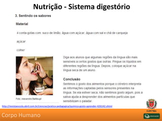 Nutrição - Sistema digestório
http://revistaescola.abril.com.br/ciencias/pratica-pedagogica/quimica-gosto-aprender-426142.shtml
Corpo Humano
 