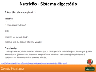 Nutrição - Sistema digestório
http://revistaescola.abril.com.br/ciencias/pratica-pedagogica/quimica-gosto-aprender-426142.shtml
Corpo Humano
 