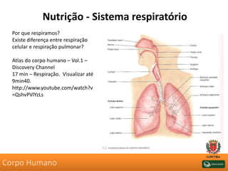 Nutrição - Sistema respiratório
Por que respiramos?
Existe diferença entre respiração
celular e respiração pulmonar?
Atlas do corpo humano – Vol.1 –
Discovery Channel
17 min – Respiração. Visualizar até
9min40.
http://www.youtube.com/watch?v
=QshvPVlYzLs
Corpo Humano
 