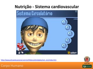 Nutrição - Sistema cardiovascular
http://www.aticaeducacional.com.br/htdocs/atividades/sist_circ/index.htm
Corpo Humano
 