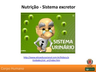 Nutrição - Sistema excretor
http://www.aticaeducacional.com.br/htdocs/a
tividades/sist_uri/index.htm
Corpo Humano
 