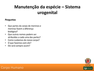 Manutenção da espécie – Sistema
urogenital
Perguntas
• Que partes do corpo de meninos e
meninas fazem a diferença
biológica?
• Que outros nomes podem ser
atribuídos a cada uma das partes?
• Como cuidamos do nosso corpo?
• O que fazemos com ele?
• Ele será sempre assim?
Corpo Humano
 