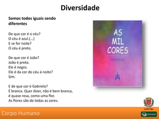 Somos todos iguais sendo
diferentes
De que cor é o céu?
O céu é azul.(...)
E se for noite?
O céu é preto.
De que cor é João?
João é preto.
Ele é negro.
Ele é da cor do céu à noite?
Sim.
E de que cor é Gabriela?
É branca. Quer dizer, não é bem branca,
é quase rosa, como uma flor.
As flores são de todas as cores.
Diversidade
Corpo Humano
 