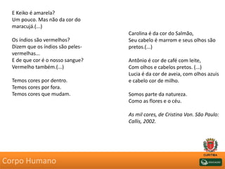 E Keiko é amarela?
Um pouco. Mas não da cor do
maracujá.(...)
Os índios são vermelhos?
Dizem que os índios são peles-
vermelhas...
E de que cor é o nosso sangue?
Vermelho também.(...)
Temos cores por dentro.
Temos cores por fora.
Temos cores que mudam.
Carolina é da cor do Salmão,
Seu cabelo é marrom e seus olhos são
pretos.(...)
Antônio é cor de café com leite,
Com olhos e cabelos pretos. (...)
Lucia é da cor de aveia, com olhos azuis
e cabelo cor de milho.
Somos parte da natureza.
Como as flores e o céu.
As mil cores, de Cristina Von. São Paulo:
Callis, 2002.
Corpo Humano
 