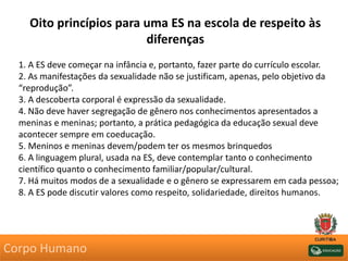 Oito princípios para uma ES na escola de respeito às
diferenças
1. A ES deve começar na infância e, portanto, fazer parte do currículo escolar.
2. As manifestações da sexualidade não se justificam, apenas, pelo objetivo da
“reprodução”.
3. A descoberta corporal é expressão da sexualidade.
4. Não deve haver segregação de gênero nos conhecimentos apresentados a
meninas e meninas; portanto, a prática pedagógica da educação sexual deve
acontecer sempre em coeducação.
5. Meninos e meninas devem/podem ter os mesmos brinquedos
6. A linguagem plural, usada na ES, deve contemplar tanto o conhecimento
científico quanto o conhecimento familiar/popular/cultural.
7. Há muitos modos de a sexualidade e o gênero se expressarem em cada pessoa;
8. A ES pode discutir valores como respeito, solidariedade, direitos humanos.
Corpo Humano
 