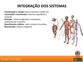 INTEGRAÇÃO DOS SISTEMAS
Coordenação e relação sistema nervoso e endócrino
Locomoção e movimentos: sistemas esquelético e
muscular
Nutrição: sistemas digestório, respiratório,
cardiovascular e excretor
Revestimento e defesa: pele e sistema imunitário
Manutenção: sistema urogenital
Corpo Humano
 