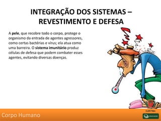 INTEGRAÇÃO DOS SISTEMAS –
REVESTIMENTO E DEFESA
A pele, que recobre todo o corpo, protege o
organismo da entrada de agentes agressores,
como certas bactérias e vírus; ela atua como
uma barreira. O sistema imunitário produz
células de defesa que podem combater esses
agentes, evitando diversas doenças.
Corpo Humano
 