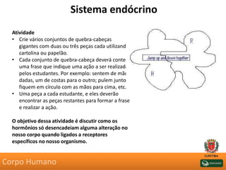 Sistema endócrino
Atividade
• Crie vários conjuntos de quebra-cabeças
gigantes com duas ou três peças cada utilizando
cartolina ou papelão.
• Cada conjunto de quebra-cabeça deverá conter
uma frase que indique uma ação a ser realizada
pelos estudantes. Por exemplo: sentem de mãos
dadas, um de costas para o outro; pulem juntos;
fiquem em círculo com as mãos para cima, etc.
• Uma peça a cada estudante, e eles deverão
encontrar as peças restantes para formar a frase
e realizar a ação.
O objetivo dessa atividade é discutir como os
hormônios só desencadeiam alguma alteração no
nosso corpo quando ligados a receptores
específicos no nosso organismo.
Corpo Humano
 