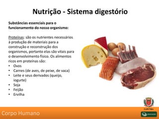 Nutrição - Sistema digestório
Substâncias essenciais para o
funcionamento do nosso organismo:
Proteínas: são os nutrientes necessários
à produção de materiais para a
construção e reconstrução dos
organismos, portanto elas são vitais para
o desenvolvimento físico. Os alimentos
ricos em proteínas são:
• Ovos
• Carnes (de aves, de peixe, de vaca)
• Leite e seus derivados (queijo,
iogurte)
• Soja
• Feijão
• Ervilha
Corpo Humano
 