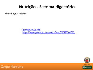 Nutrição - Sistema digestório
Alimentação saudável
SUPER SIZE ME
https://www.youtube.com/watch?v=p5VGZVawW0c
Corpo Humano
 