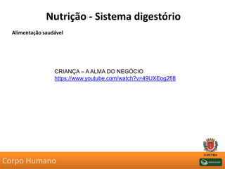 Nutrição - Sistema digestório
Alimentação saudável
CRIANÇA – A ALMA DO NEGÓCIO
https://www.youtube.com/watch?v=49UXEog2fI8
Corpo Humano
 