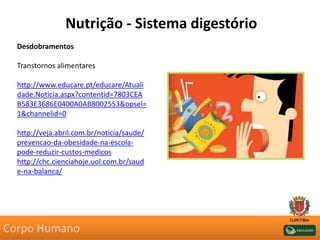 Nutrição - Sistema digestório
Desdobramentos
Transtornos alimentares
http://www.educare.pt/educare/Atuali
dade.Noticia.aspx?contentid=7803CEA
B583E3686E0400A0AB8002553&opsel=
1&channelid=0
http://veja.abril.com.br/noticia/saude/
prevencao-da-obesidade-na-escola-
pode-reduzir-custos-medicos
http://chc.cienciahoje.uol.com.br/saud
e-na-balanca/
Corpo Humano
 