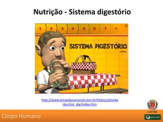 Nutrição - Sistema digestório
http://www.aticaeducacional.com.br/htdocs/ativida
des/sist_dig/index.htm
Corpo Humano
 