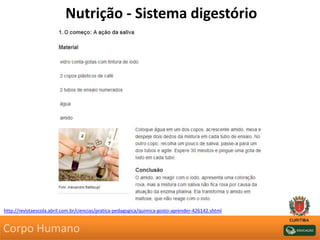 Nutrição - Sistema digestório
http://revistaescola.abril.com.br/ciencias/pratica-pedagogica/quimica-gosto-aprender-426142.shtml
Corpo Humano
 