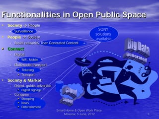 Functionalities in Open Public Space
• Society  People
   – Surveillance                                        SONY
                                                        solutions
• People  Society                                      available
   – Social networks, User Generated Content
• Connect
   – Digital
       • WiFi, Mobile
   – Multimodal transport
      • Ticketing
      • Transport
• Society & Market
   – Orient, guide, advertise
      • Digital signage
   – Consume
      • Shopping
      • News
      • Entertainment
                                Smart Home & Open Work Place,
                                    Moscow, 5 June, 2012            3
 