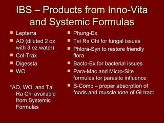 IIBBSS –– PPrroodduuccttss ffrroomm IInnnnoo--VViittaa 
aanndd SSyysstteemmiicc FFoorrmmuullaass 
 LLeepptteerrrraa 
 AAOO ((ddiilluutteedd 22 oozz 
wwiitthh 33 oozz wwaatteerr)) 
 CCooll--TTrraaxx 
 DDiiggeessssttaa 
 WWOO 
**AAOO,, WWOO,, aanndd TTaaii 
RRaa CChhii aavvaaiillaabbllee 
ffrroomm SSyysstteemmiicc 
FFoorrmmuullaass 
 PPhhuunngg--EExx 
 TTaaii RRaa CChhii ffoorr ffuunnggaall iissssuueess 
 PPhhlloorraa--SSyynn ttoo rreessttoorree ffrriieennddllyy 
fflloorraa 
 BBaaccttoo--EExx ffoorr bbaacctteerriiaall iissssuueess 
 PPaarraa--MMaacc aanndd MMiiccrroo--SSiittee 
ffoorrmmuullaass ffoorr ppaarraassiittee iinnfflluueennccee 
 BB--CCoommpp –– pprrooppeerr aabbssoorrppttiioonn ooff 
ffooooddss aanndd mmuussccllee ttoonnee ooff GGII ttrraacctt 
 