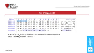 © Digital Security 14
Опасная сериализация
Как это сделано?
AC ED: STREAM_MAGIC – указание , что это сериализованные данные
00 05: STREAM_VERSION. – версия
 