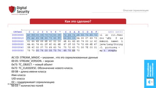 © Digital Security 19
Опасная сериализация
Как это сделано?
AC ED: STREAM_MAGIC – указание , что это сериализованные данные
00 05: STREAM_VERSION. – версия
0x73: TC_OBJECT. – новый объект
0x72: TC_CLASSDESC. Обозначение нового класса.
00 08 – длина имени класса
Имя класса
UID класса
02 – поддерживает сериализацию
00 03 – количество полей
 