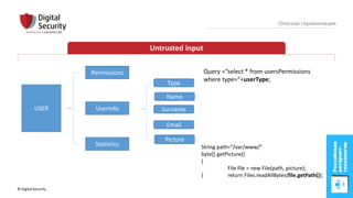 © Digital Security 33
Опасная сериализация
Untrusted input
USER
Permissions
UserInfo
Statistics
Name
Surname
Email
Type
Picture
String path=“/var/www/”
byte[] getPicture()
{
File file = new File(path, picture);
} return Files.readAllBytes(file.getPath());
Query =“select * from usersPermissions
where type=“+userType;
 
