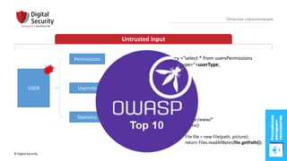 © Digital Security 38
Опасная сериализация
Untrusted input
USER
Permissions
UserInfo
Statistics
Name
Surname
Email
Type
Picture
String path=“/var/www/”
byte[] getPicture()
{
File file = new File(path, picture);
} return Files.readAllBytes(file.getPath());
Query =“select * from usersPermissions
where type=“+userType;
 