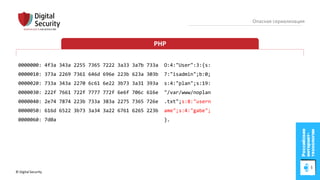 © Digital Security 70
Опасная сериализация
PHP
0000000: 4f3a 343a 2255 7365 7222 3a33 3a7b 733a O:4:"User":3:{s:
0000010: 373a 2269 7361 646d 696e 223b 623a 303b 7:"isadmin";b:0;
0000020: 733a 343a 2270 6c61 6e22 3b73 3a31 393a s:4:"plan";s:19:
0000030: 222f 7661 722f 7777 772f 6e6f 706c 616e "/var/www/noplan
0000040: 2e74 7874 223b 733a 383a 2275 7365 726e .txt";s:8:"usern
0000050: 616d 6522 3b73 3a34 3a22 6761 6265 223b ame";s:4:"gabe";
0000060: 7d0a }.
 