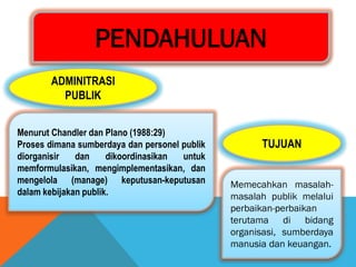 PENDAHULUAN
ADMINITRASI
PUBLIK
Menurut Chandler dan Plano (1988:29)
Proses dimana sumberdaya dan personel publik
diorganisir dan dikoordinasikan untuk
memformulasikan, mengimplementasikan, dan
mengelola (manage) keputusan-keputusan
dalam kebijakan publik.
TUJUAN
Memecahkan masalah-
masalah publik melalui
perbaikan-perbaikan
terutama di bidang
organisasi, sumberdaya
manusia dan keuangan.
 