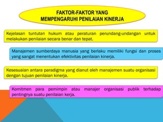 FAKTOR-FAKTOR YANG
MEMPENGARUHI PENILAIAN KINERJA
Kejelasan tuntutan hukum atau peraturan perundang-undangan untuk
melakukan penilaian secara benar dan tepat.
Manajemen sumberdaya manusia yang berlaku memiliki fungsi dan proses
yang sangat menentukan efektivitas penilaian kinerja.
Kesesuaian antara paradigma yang dianut oleh manajemen suatu organisasi
dengan tujuan penilaian kinerja.
Komitmen para pemimpin atau manajer organisasi publik terhadap
pentingnya suatu penilaian kerja.
 