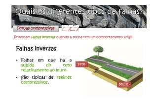 • Falhas em que há a
subida do teto
relativamente ao muro.
• São típicas de regimes
compressivos.
Falhas inversas
Muro
Teto
Forças compressivas
Provocam falhas inversas quando a rocha tem um comportamento frágil.
 
