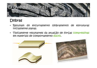 Dobras
• Resultam do encurvamento (dobramento) de estruturas
inicialmente planas.
• Tipicamente resultantes da atuação de forças compressivas
em materiais de comportamento dúctil.
 