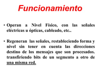 Funcionamiento
• Operan a Nivel Físico, con las señales
eléctricas u ópticas, cableado, etc..
• Regeneran las señales, restableciendo forma y
nivel sin tener en cuenta las direcciones
destino de los mensajes que son procesados.
transfiriendo bits de un segmento a otro de
una misma red.
 