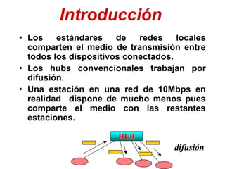 • Los estándares de redes locales
comparten el medio de transmisión entre
todos los dispositivos conectados.
• Los hubs convencionales trabajan por
difusión.
• Una estación en una red de 10Mbps en
realidad dispone de mucho menos pues
comparte el medio con las restantes
estaciones.
Introducción
HUB
difusión
 