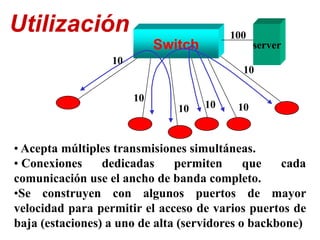 Utilización
• Acepta múltiples transmisiones simultáneas.
• Conexiones dedicadas permiten que cada
comunicación use el ancho de banda completo.
•Se construyen con algunos puertos de mayor
velocidad para permitir el acceso de varios puertos de
baja (estaciones) a uno de alta (servidores o backbone)
Switch server
10
10
10
100
10 10
10
 