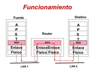 A
P
S
T
Enlace
Físico
Router
Fuente Destino
LAN 1 LAN 2
Funcionamiento
RED
RED
A
P
S
T
Enlace
Físico
RED
Enlace
Físico
Enlace
Físico
 