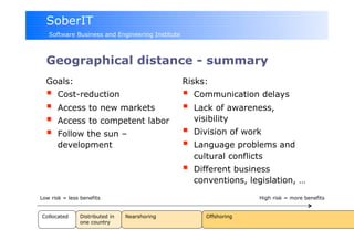 SoberIT
   Software Business and Engineering Institute



  Geographical distance - summary
  Goals:                                         Risks:
      Cost-reduction                                Communication delays
      Access to new markets                         Lack of awareness,
      Access to competent labor                      visibility
      Follow the sun –                              Division of work
       development                                   Language problems and
                                                      cultural conflicts
                                                     Different business
                                                      conventions, legislation, …
Low risk = less benefits                                             High risk = more benefits


Collocated    Distributed in  Nearshoring               Offshoring
              one country
     HELSINKI UNIVERSITY OF TECHNOLOGY
 