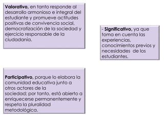 Valorativo, en tanto responde al
desarrollo armonioso e integral del
estudiante y promueve actitudes
positivas de convivencia social,
democratización de la sociedad y
ejercicio responsable de la
ciudadanía.
- Significativo, ya que
toma en cuenta las
experiencias,
conocimientos previos y
necesidades de los
estudiantes.
Participativo, porque lo elabora la
comunidad educativa junto a
otros actores de la
sociedad; por tanto, está abierto a
enriquecerse permanentemente y
respeta la pluralidad
metodológica.
 