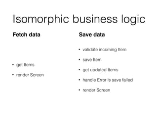 Isomorphic business logic
• get Items
• render Screen
• validate incoming Item
• save Item
• get updated Items
• handle Error is save failed
• render Screen
Fetch data Save data