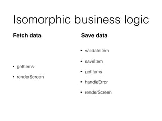 Isomorphic business logic
• getItems
• renderScreen
• validateItem
• saveItem
• getItems
• handleError
• renderScreen
Fetch data Save data