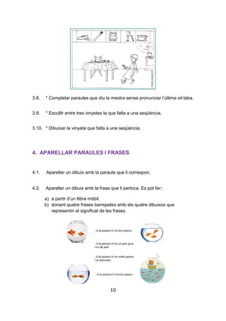 10
3.8. * Completar paraules que diu la mestra sense pronunciar l’última síl·laba.
3.9. * Escollir entre tres vinyetes la que falta a una seqüència.
3.10. * Dibuixar la vinyeta que falta a una seqüència.
4. APARELLAR PARAULES I FRASES
4.1. Aparellar un dibuix amb la paraula que li correspon.
4.2. Aparellar un dibuix amb la frase que li pertoca. Es pot fer::
a) a partir d’un llibre mòbil.
b) donant quatre frases barrejades amb els quatre dibuixos que
representin el significat de les frases.
 